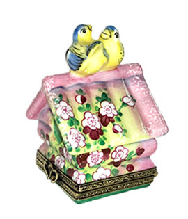 Limoges box pink bird house with birds and two chicks inside